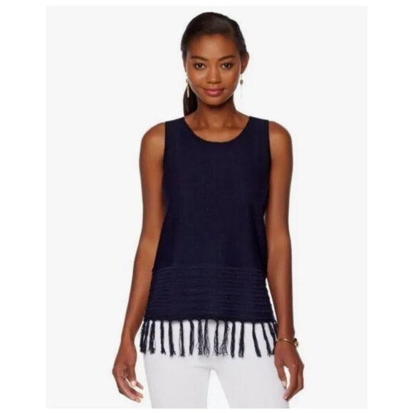 Lysse Country Blue White Lightweight Sweater Knit Lexi Tunic Tank Fringe Sz XL - Picture 9 of 9